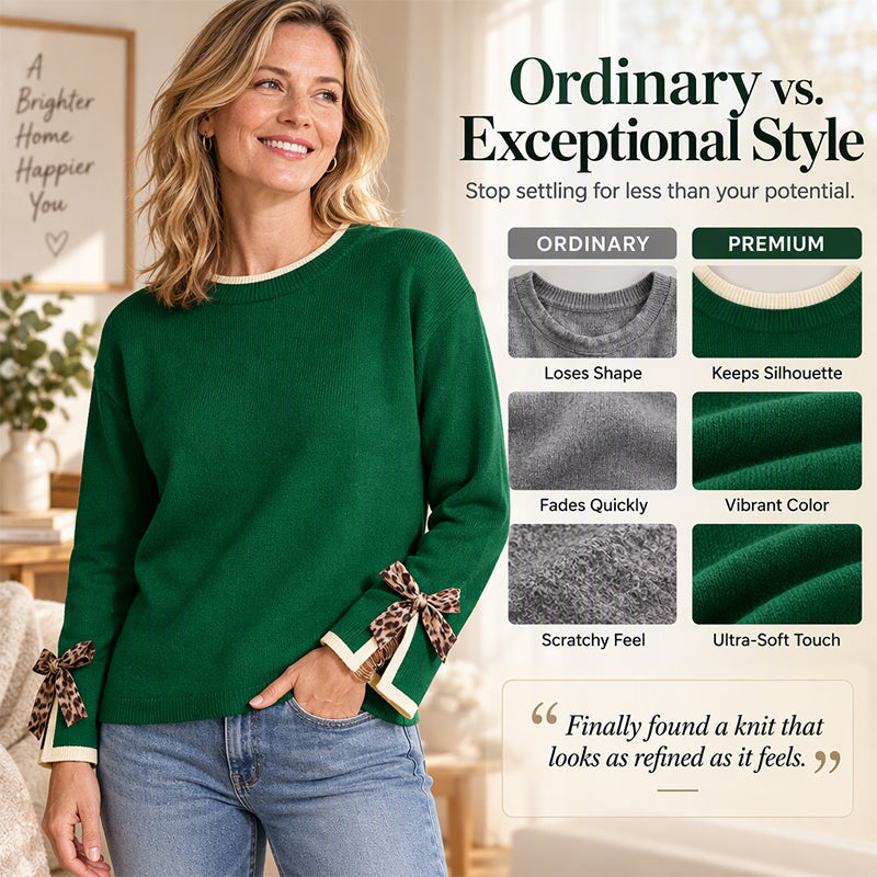 🎀 Women's Crewneck Sweater with Leopard Bow Cuffs | Playful Detail, Cozy Fit – Chic Everyday Knit ✨