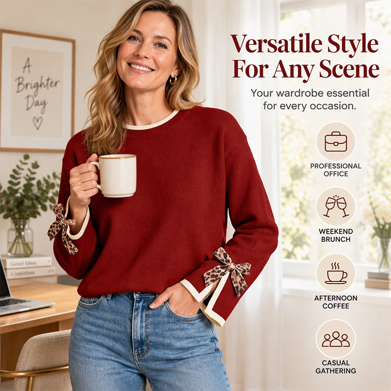 🎀 Women's Crewneck Sweater with Leopard Bow Cuffs | Playful Detail, Cozy Fit – Chic Everyday Knit ✨