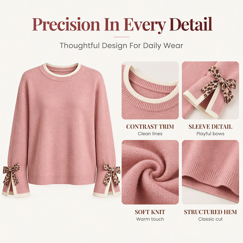 🎀 Women's Crewneck Sweater with Leopard Bow Cuffs | Playful Detail, Cozy Fit – Chic Everyday Knit ✨